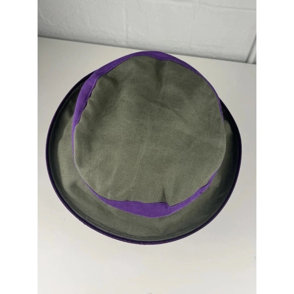Vtg Hattitude NYC Womens Hat Cloche Raised Bucket Olive Green Purple Boho 90s